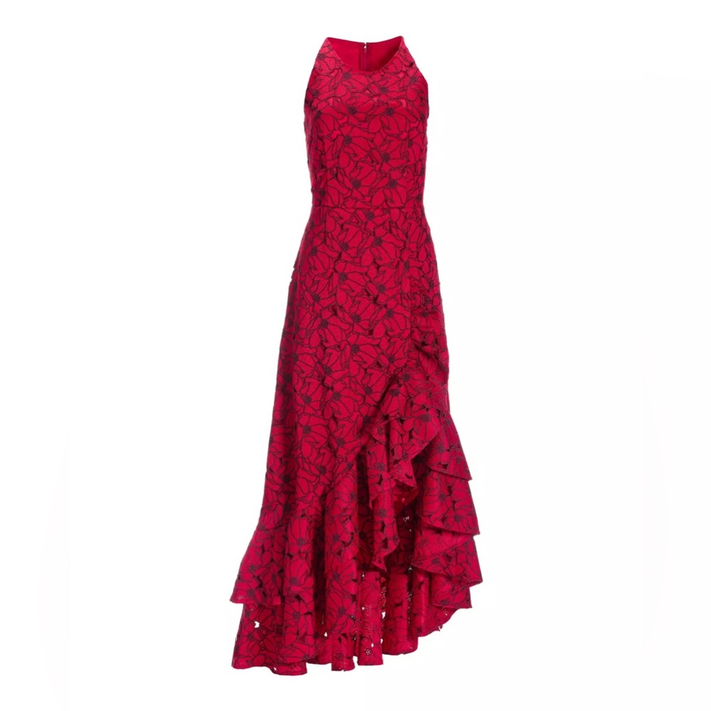 High-neck floral lace red maxi dress with layered ruffle asymmetric hem. Size 6 - Picture 2 of 9